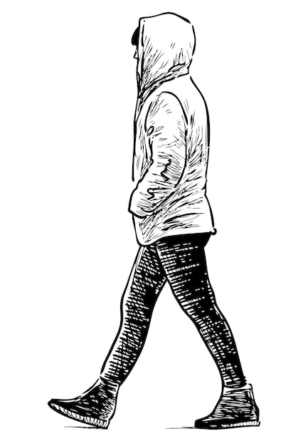 Vector sketch of casual urban pedestrian in jacket with hood walking alone down street