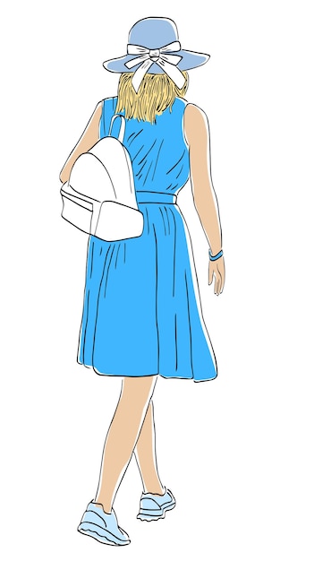 Sketch of casual young city woman in blue dress in hat with backpack walking outdoors on summer day