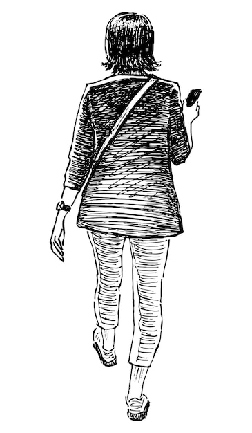 Vector sketch of casual young city woman with smartphone walking along street