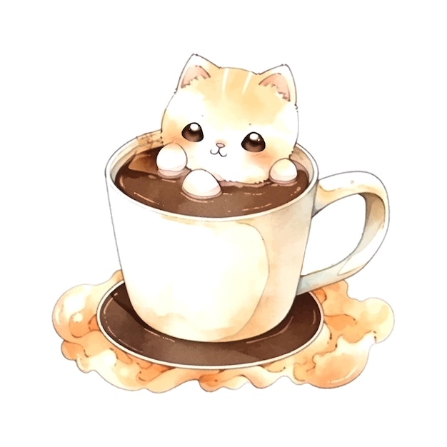 Sketch cat in cup of coffee watercolor for print design Template background banner card poster