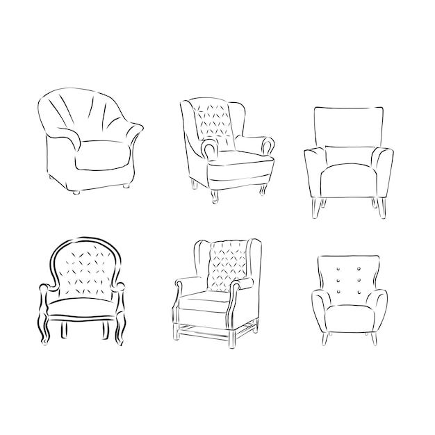 Sketch chair in linear style outline drawing in black on a white background upholstered