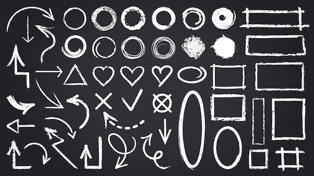 Sketch chalk elements. Sketch chalkboard elements, hand drawn graphic arrows, frames, round and rectangle shapes   icons set. Illustration round mark, cross tick rectangle shape sketch