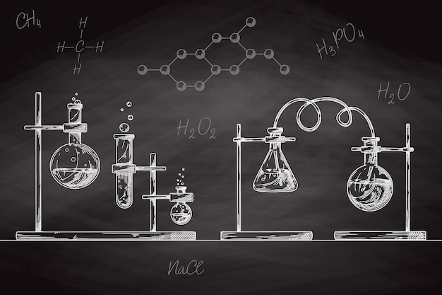 Sketch of chemical laboratory objects Glassware for a chemical experiment on a chalk board Vector