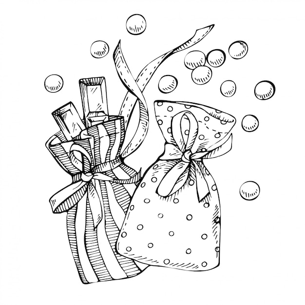 사탕과 초콜릿 바 안에 크리스마스 출현 달력 가방을 스케치하십시오.