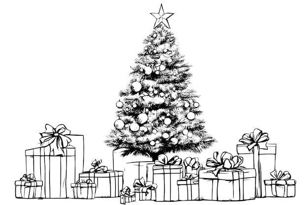 Эскиз рождественской елки с векторной иллюстрацией подарков