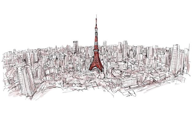 Sketch of city scape tokyo tower