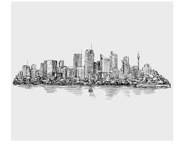 Sketch of cityscape along the river hand draw