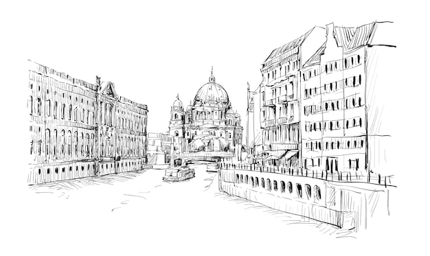 Sketch of cityscape in Germany show old church Berliner Dom along river in Berlin