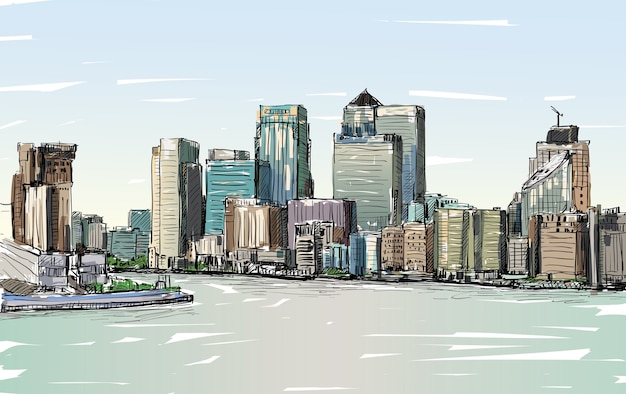 Schizzo il paesaggio urbano di londra, inghilterra, mostra lo skyline e gli edifici lungo il fiume tamigi, illustrazione