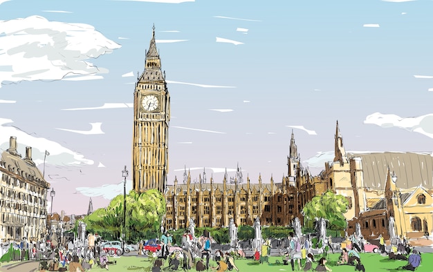 Sketch Cityscape of London The Big Ben en huizen van het parlement met volkeren in de openbare ruimte, illustratie