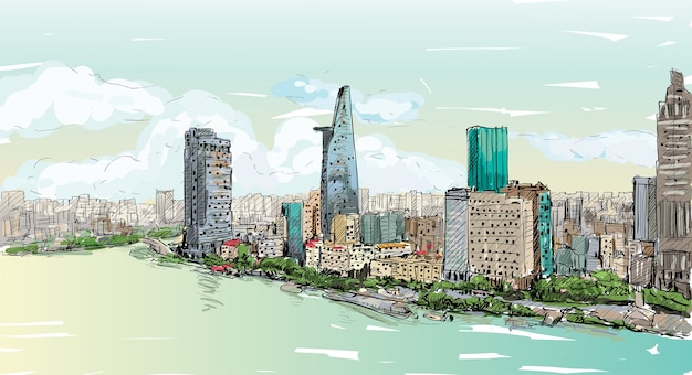 Sketch cityscape of Saigon city ( Ho Chi Mihn ) Vietnam show skyline and building, illustration