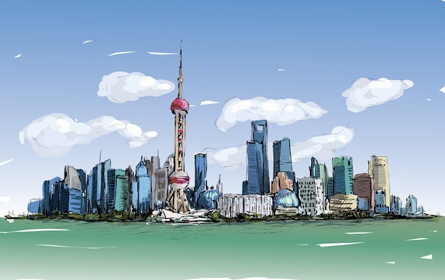 Sketch of cityscape in Shanghai show architecture and bulding along river, illustration