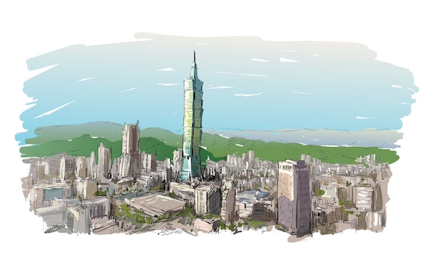 都市景観のスケッチは、台湾、台北の建物、イラストの町並みを表示