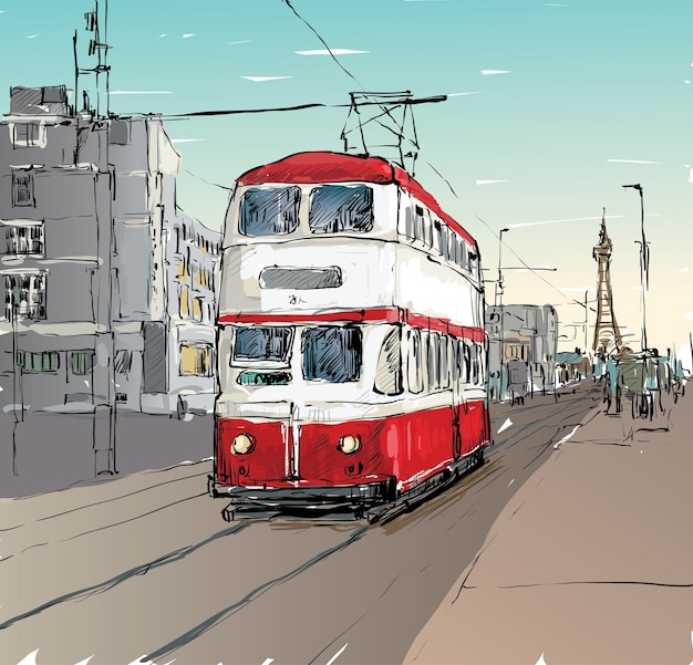 Vector sketch of cityscape show trasportation tradittonal tram in england, illustration