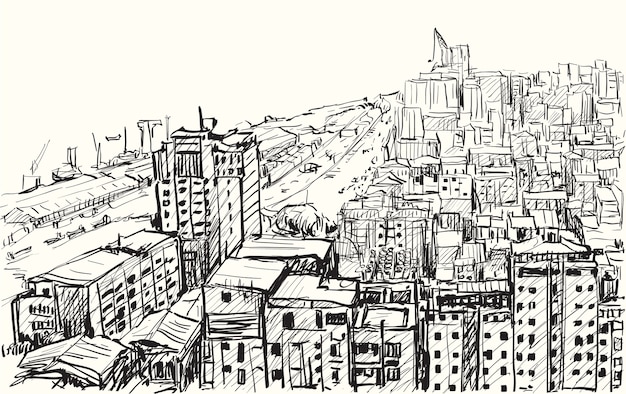 Sketch cityscape of Yangon, Myanmar skyline, show building in downtown, free hand draw illustration
