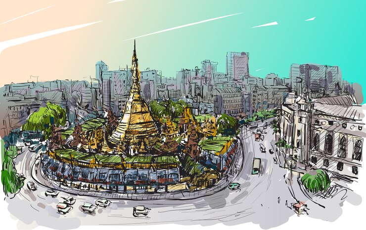 Topview Shwedagon 파고다, 무료 손 그리기 그림에 미얀마 양곤의 풍경 스케치