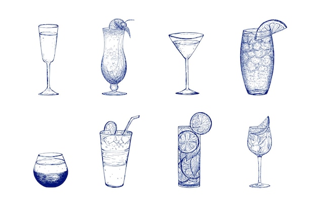 Sketch cocktail set Hand drawn vector drawn glasses with drink Mojito lemonade martini champagne fruit tea Blue Lagoon Pina colada Collins