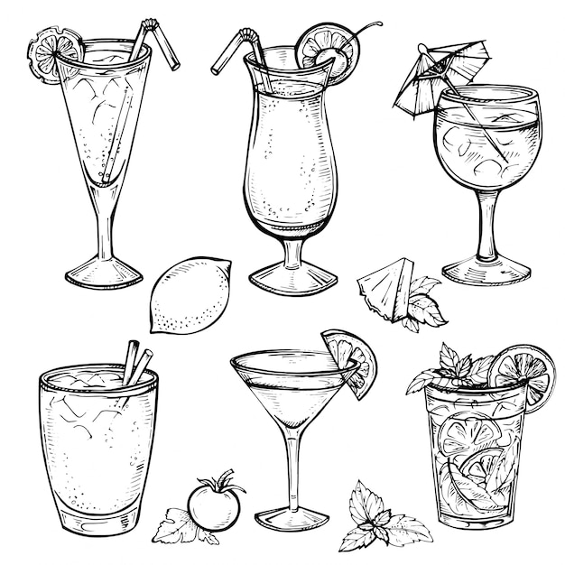 Vector sketch cocktails and alcohol drinks set.