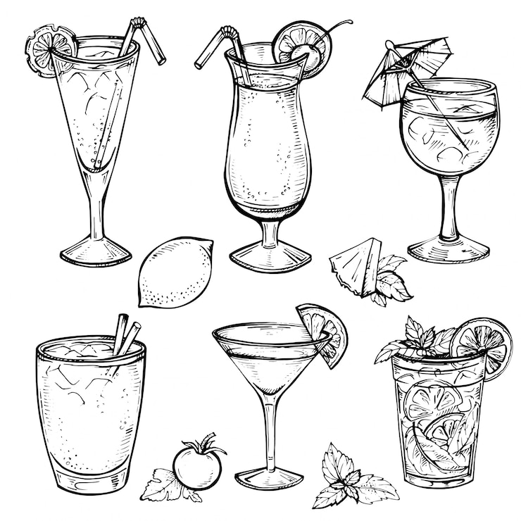 Vector sketch cocktails and alcohol drinks set.