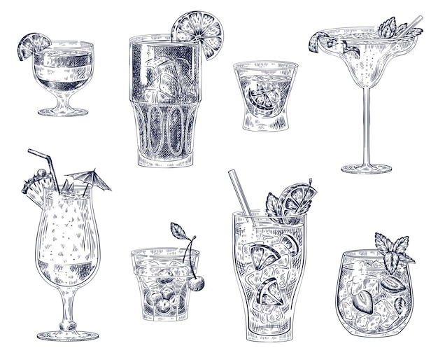 Vector sketch cocktails set