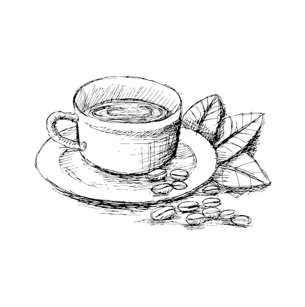 草圖咖啡杯和豆子