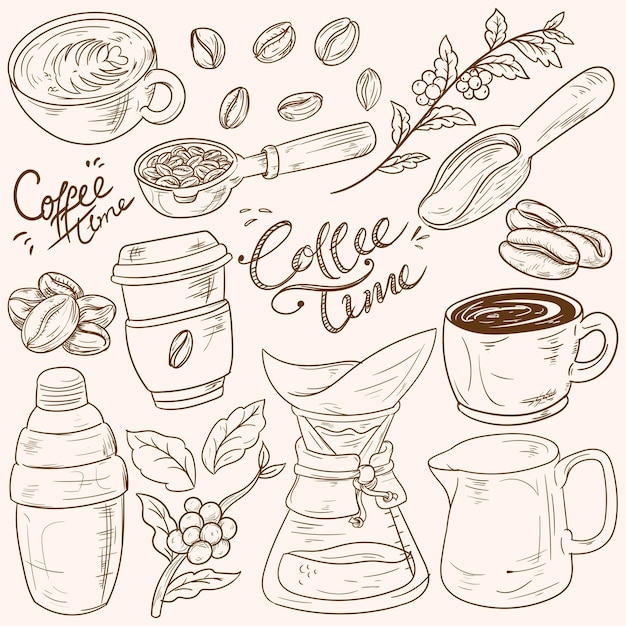 Vector sketch coffee elements set