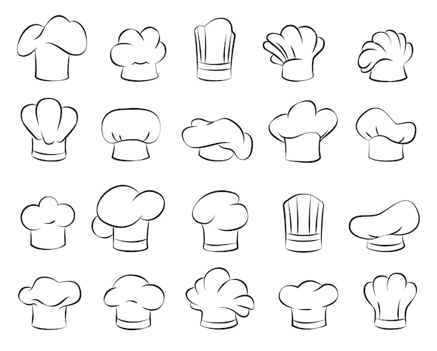 Vector sketch cook hats restaurant kitchen cap cooker hat and hand drawn chef symbol vector illustration set