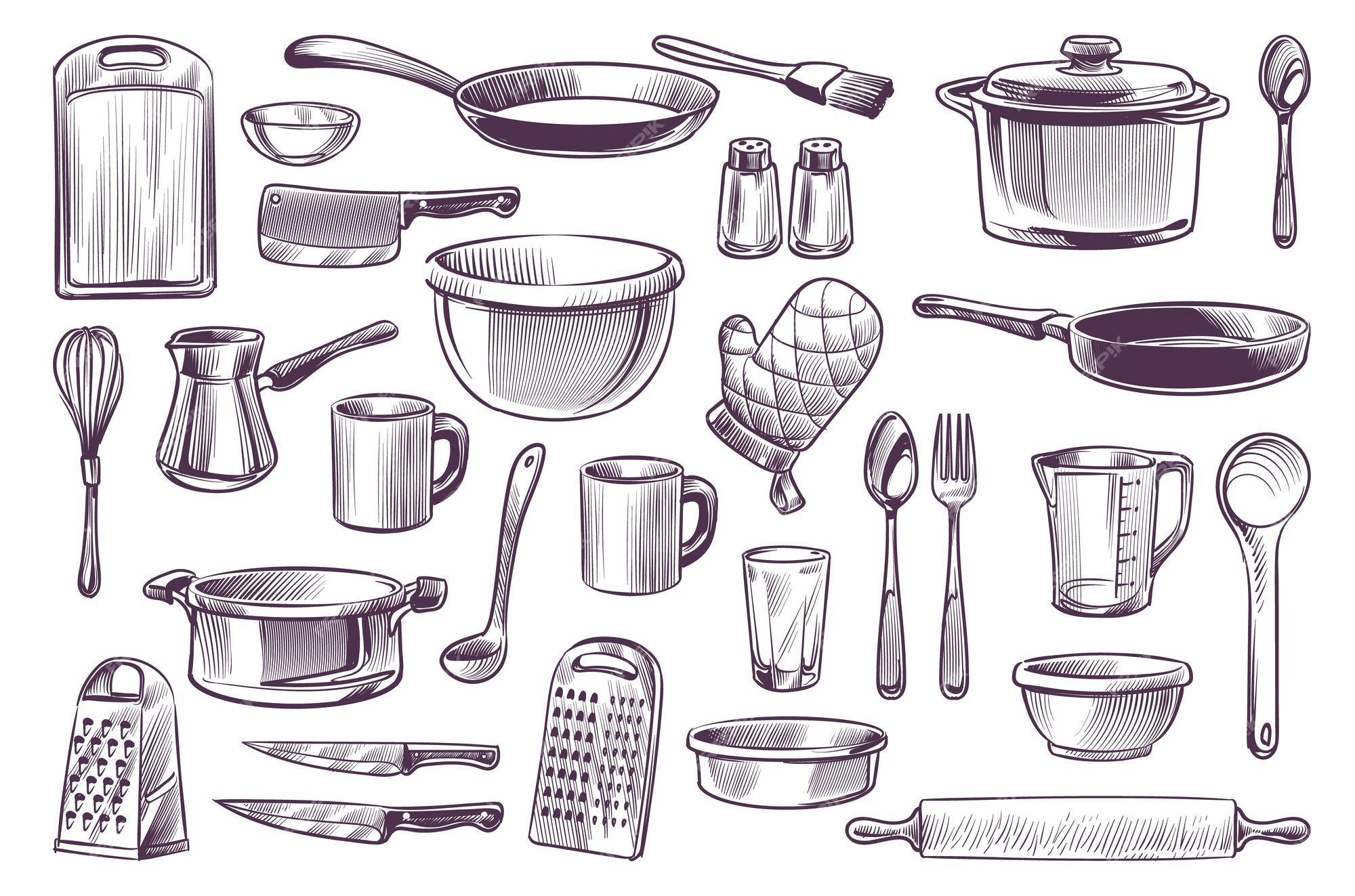 Cooking tools. Collection of kitchen utensils: knives, graters and peelers.  Hand drawn outlined style collection Stock Vector Image & Art - Alamy