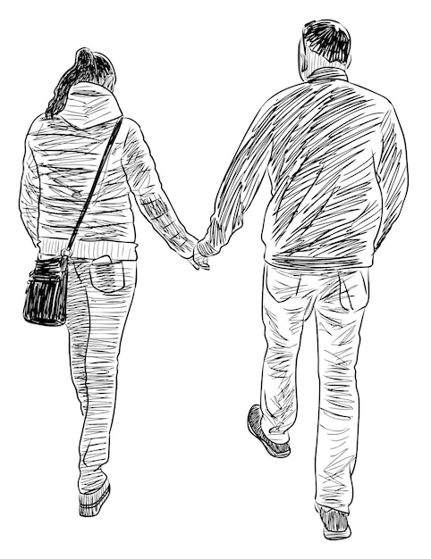 Vector sketch of couple casual young citizens walking along street