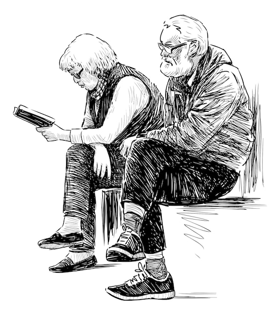 Vettore schizzo di coppia di anziani seduti e riposati sulla panchina del parco