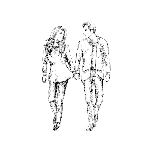 Sketch of couple in love walking