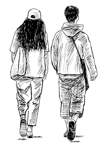 Vector sketch of couple modern young people walking outdoors