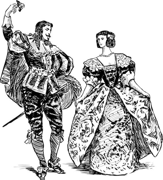 Sketch of couple noble people dancing
