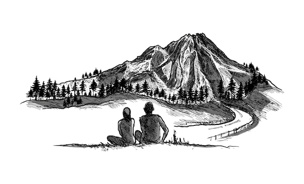 prompthunt: a pencil drawing of a boy and a girl with long flowing hair  sitting together on the porch of a cabin on a mountain overlooking a snowy  landscape. atmospheric lighting, romantic