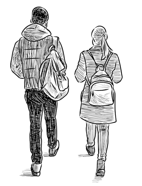 Sketch of couple students walking along street