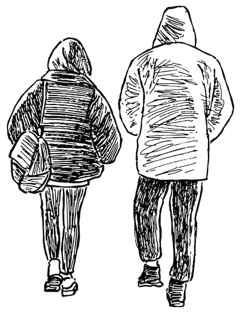 Sketch of couple young citizens walking together down street