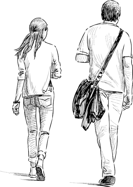 Vector sketch of couple young people walking outdoors