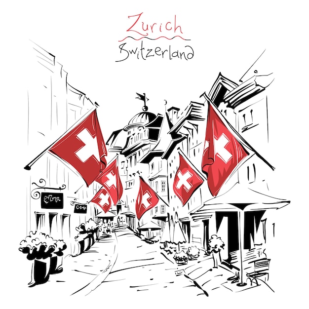 Sketch of cozy street with swiss flags in the old town of zurich, the largest city in switzerland.