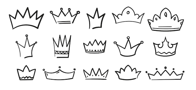 Vector sketch crown hand drawn king queen tiara doodle royal diadem symbol set vintage heraldic simple logo