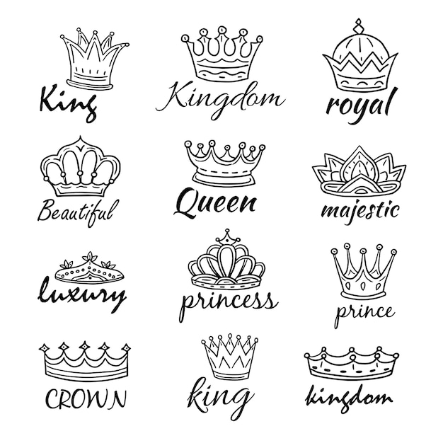 Sketch crowns. Hand drawn king, queen crown and princess tiara. Royalty vector doodle symbols and majestic logos.