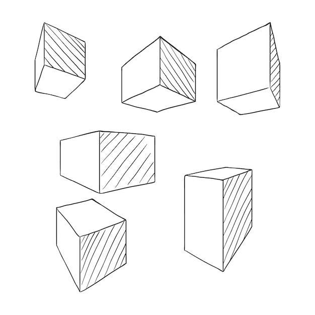 Vector sketch cubes and parallelepipeds vector outline set of perspective drawing of geometric shapes