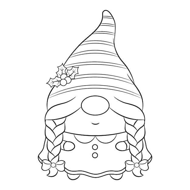 sketch of cute christmas female gnomes drawing with long red berry hat and frame