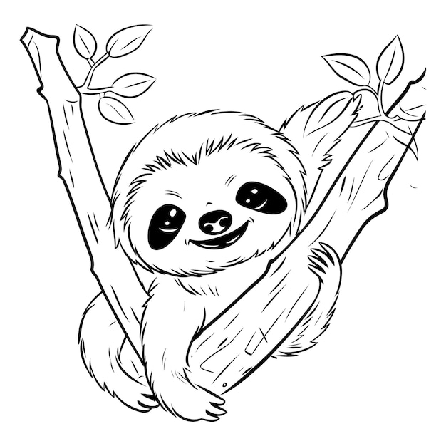 Sketch of cute sloth hanging on a branch Vector illustration