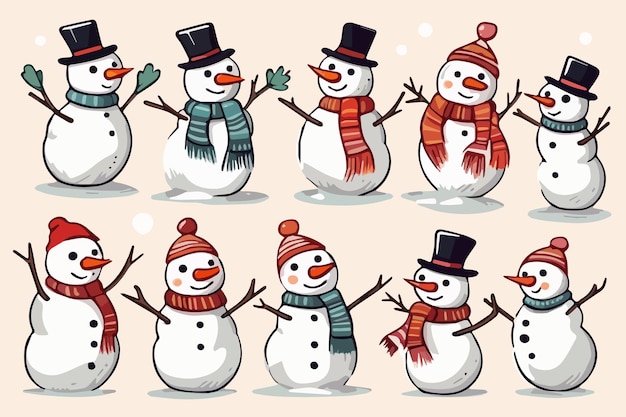Sketch cute snowman in hats and scarves hand drawn bright christmas characters set isolated on