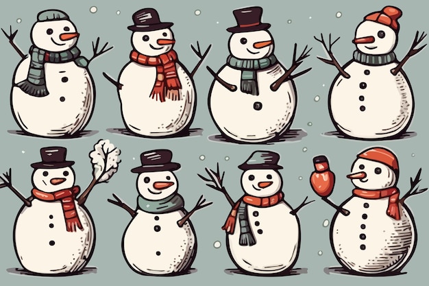 Sketch cute snowman in hats and scarves hand drawn bright christmas characters set isolated on