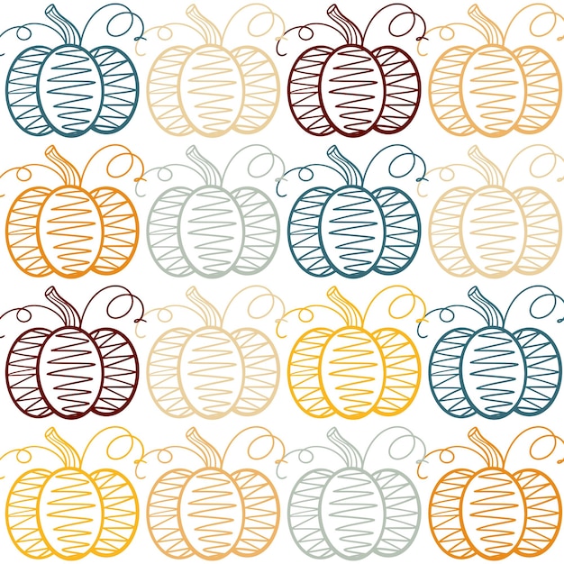 Sketch decorated pumpkin repeat background fall seamless pattern with colored hand drawn pumpkins