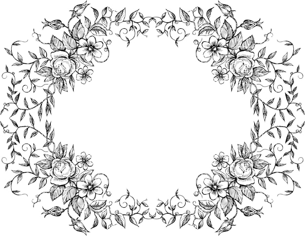 Vector sketch of decorative floral frame from blossoming twigs with roses daisies and buds