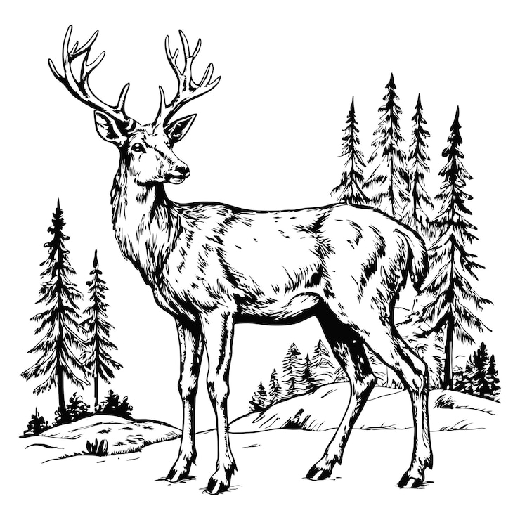 Sketch of a deer standing in a forest side view on a white background