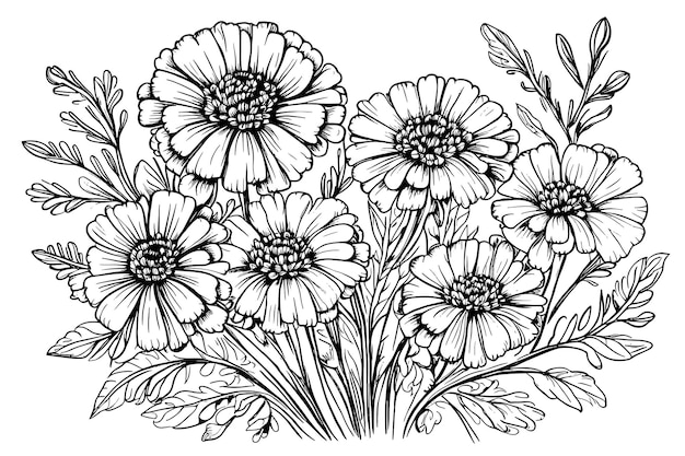 Vector sketch detailed drawing of bouquet marigold illustrations vector