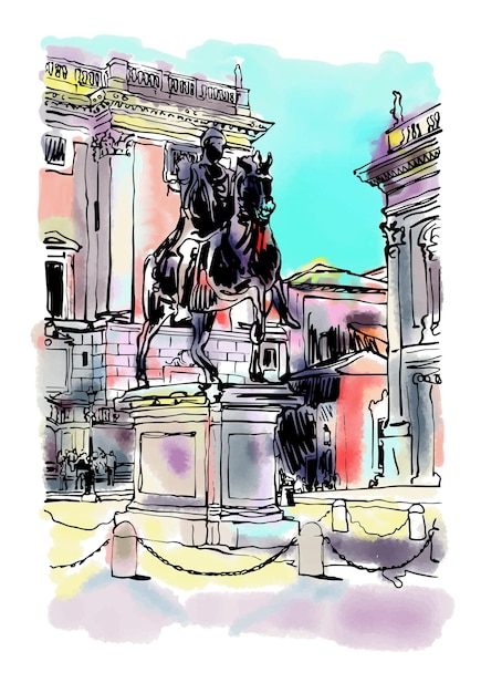 Vettore schizzo disegno digitale del paesaggio urbano di roma italia con statua equestre scultura e storico